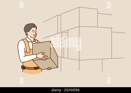 Young man worker hold carry package work on warehouse. Smiling guy courier deliveryman with parcel package on depo or storage house. Delivery company service. Flat vector illustration. Stock Vector