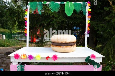 Huge artificial macaroons on the counter on a white background. Stock Photo
