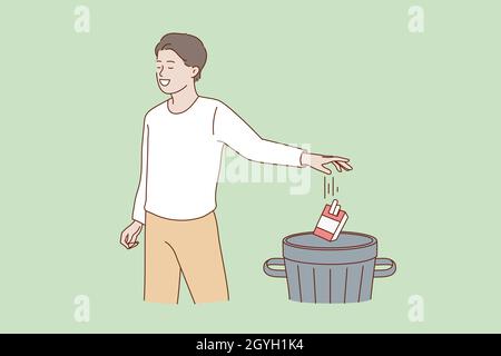 Happy man throw away in trash cigarettes package stop quit smoking. Smiling male refuse from nicotine addiction. Healthy lifestyle, body care, healthcare concept. Flat vector illustration.  Stock Vector