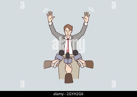 Popular male politician give live interview talk speak in journalist microphone at meeting. Smiling man have live streaming or broadcasting on TV news chat with reporters. Flat vector illustration.  Stock Vector
