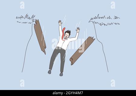 Businessman trip fall into precipice gap trap. Man employee worker risk, walk on thin line, lose all. Bankruptcy and failure concept. Business crisis. Flat vector, illustration, cartoon character.  Stock Vector