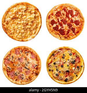 Collage set of four different pizzas for menu isolated Stock Photo