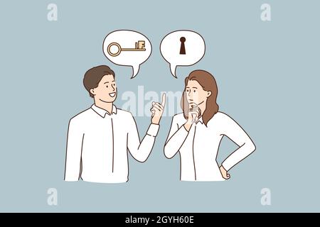 Man and woman think of business problem solution, bubbles with key and lock upwards. Pensive businesspeople make decision, unlock solve strategy or idea. Find answer. Vector illustration.  Stock Vector