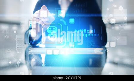 AI Artificial intelligence, Machine learning, Big data analysis and automation technology in business and industrial manufacturing concept on virtual Stock Photo