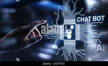 Chatbot computer program designed for conversation with human users over the Internet. Support and customer service automation technology concept. Stock Photo