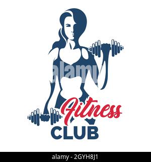 Bodybuilder or Fitness Template. Athletic young fitness woman with dumbbells. Vector illustration. Stock Vector