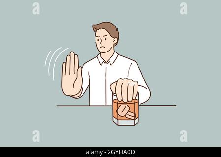Young man refuse drinking alcohol. Decisive male make hand gesture sign say stop no to alcoholic cocktail. Guy reject beverage at bar follow healthy lifestyle. Flat vector illustration. Stock Vector