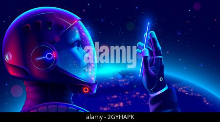 Cosmonaut in space suit in outer space with phone in hand looks at screen and makes selfie. Astronaut wearing helmet holds smartphone on orbit of Stock Vector