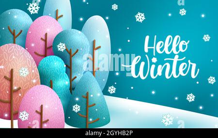 Hello winter vector background design. Hello winter text with cute colorful cartoon shape trees in forest landscape for snow season doodle decoration. Stock Vector