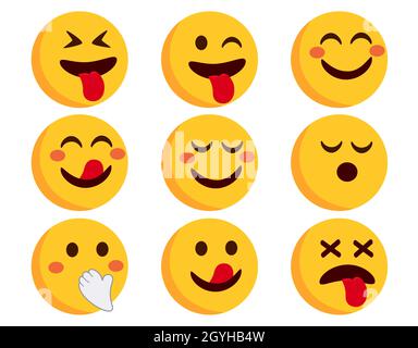 Emoji emoticons vector set. Smileys flat characters in blushing, crazy and happy emoticon side view face reaction isolated in white background. Stock Vector
