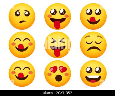 Smileys emoticon vector set. Emoticons emotion characters with happy, crazy and cute facial mood reaction for emoji character face expression design. Stock Vector