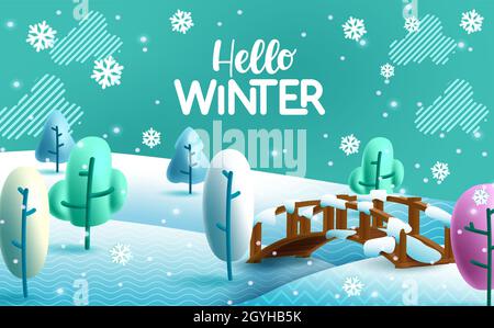 Winter landscape vector background design. Hello winter text in cartoon forest with doodle trees and bridge for cold wintry season scenery. Stock Vector