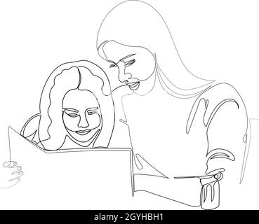 Mother and small teen daughter reading book Stock Vector