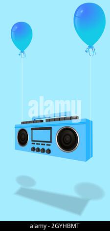Modern stylish music receiver. Blue boombox, audio and music. Retro old realistic 3d object. Vintage tape recorder isolated on a blue background. vect Stock Vector