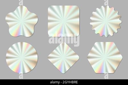 Set of trendy holographic colored stickers and decals of different shapes, vector illustration. EPS 10 Stock Vector