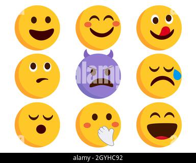 Emoji emoticons character vector set. Smileys flat emojis with smiling, devil and crying characters isolated in white background for facial expression. Stock Vector