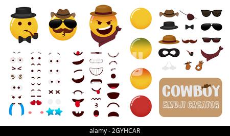 Emoji cowboy creator vector kit. Smiley editable cowboys character set with eyes, mouth and cowboy elements for western costume emojis face creation. Stock Vector