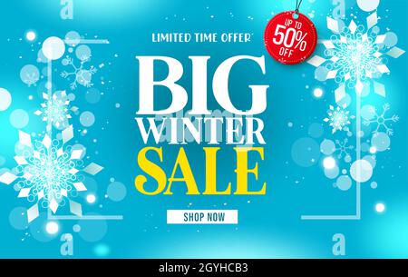 Winter sale vector template design. Big winter sale limited time offer text up to 50% off discount in tag element for snow season shopping promotion. Stock Vector