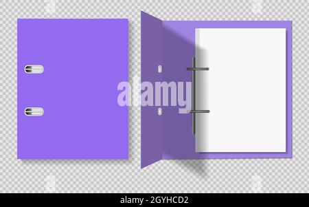 Realistic violetfolder for papers. Closed and open with a sheet of papers, on a transparent background. EPS 10 Stock Vector