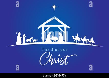 Nativity scene white silhouette Jesus in manger shepherd and wisemen on blue background. The Birth of Christ vector lettering card. Christmas story Stock Vector