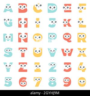 Set characters in the shape of letters and numbers with a cute face, vector clip art. Stock Vector