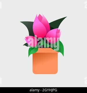 Three pink tulips in a clay pot with green leaves flat icon. Use for your flower shop, botany class, spring sales and Mother's Day gifts. Stock Vector