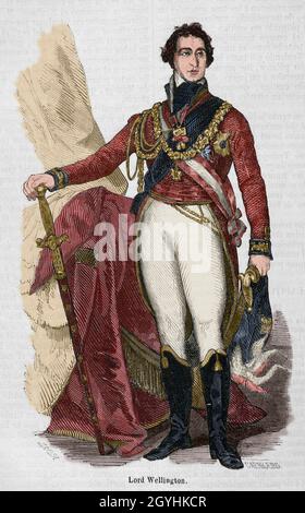 Arthur Colley Wellesley, 1st Duke of Wellington (1769-1852). British general and politician. During the Peninsular War he led the British troops fighting in Spain against Napoleon. Portrait. Illustration by Zarza. Engraving by Carnicero. Later colouration. Historia General de España by Padre Mariana. Madrid, 1853. Author: 19TH CENTURY. Eusebio Zarza (1842-1881). Spanish artist. Carnicero. Spanish engraver. Stock Photo