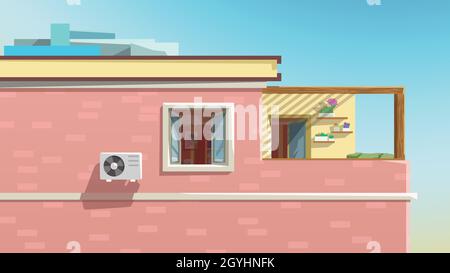 view on apartment through window red building Stock Vector
