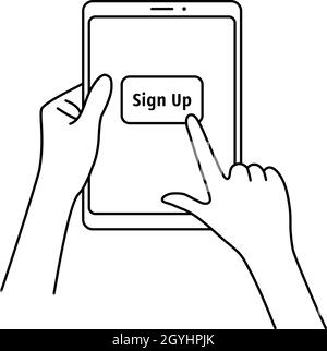 finger press sign up button on tablet Stock Vector