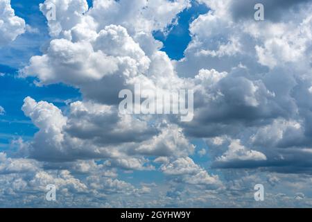 Lots of cumulus clouds far blue daylight sky as natural background Stock Photo