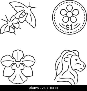 National animal and flower of Singapore linear icons set Stock Vector