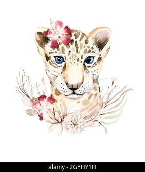 Watercolor illustration leopard portrait. Beautiful wildlife world