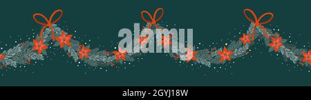 Cute hand drawn Christmas seamless border, festive garland with flowers and branches - great for banners, cards, wallpapers - vector design Stock Vector