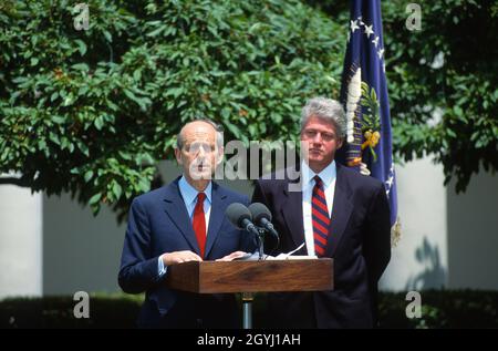 Chief Judge of the United States Court of Appeals for the First Circuit, Stephen G. Breyer, left, makes remarks after US President Bill Clinton, right, named him Associate Justice of the US Supreme Court to replace the retiring Justice Harry Blackmun in a ceremony in the Rose Garden of the White House in Washington, DC on May 13, 1994.Credit: Ron Sachs / CNP/Sipa USA Stock Photo