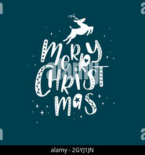 Cute hand drawn Christmas typography, creative hand lettering with reindeer, great for banners, cards, wallpapers - vector design Stock Vector