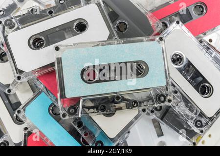 Pile of old audio cassette recording tapes. Stock Photo