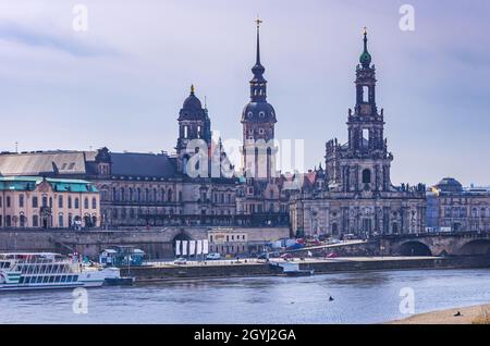 Dresden, Saxony, Germany: Estates House, Residential Palace, Cathedral and ship landing stage on the Terrassenufer riverside. Stock Photo
