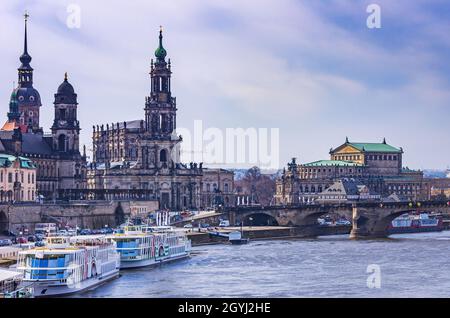 Dresden, Saxony, Germany: Residential Palace, Estates House, Cathedral, Semper Opera House and ship landing stage on the Terrassenufer. Stock Photo