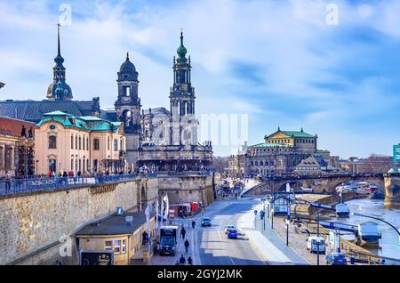 Dresden, Saxony, Germany: View of Terrassenufer and Brühl Terrace from Carola Bridge. Stock Photo