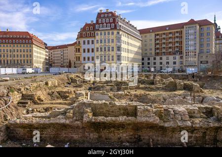 An archaeological excavation site on Neumarkt Square has revealed remains of basements and lower floors of historic residential buildings. Stock Photo