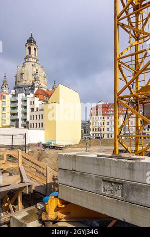 Dresden, Saxony, Germany: Construction site of the Hoym quarter at Landhausstraße with Frauenkirche Church in the background. Stock Photo