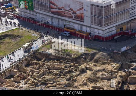 Dresden, Saxony, Germany: View from above of an archaeological excavation site on Neumarkt Square behind Kulturpalast (Palace of Culture). Stock Photo
