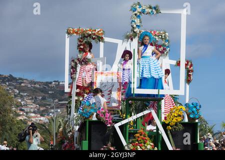 Parade of Madeira Flower Festival, know as Festa da flor, in Funchal city, Madeira Island, Portugal, October 2021
