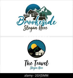 Hotel cabin villa rental mountain camping adventure recreation holiday forest logo design Stock Vector