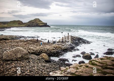 The Giant's Causeway is an area of about 40,000 interlocking basalt columns, located in County Antrim on the north coast of Northern Ireland. Stock Photo