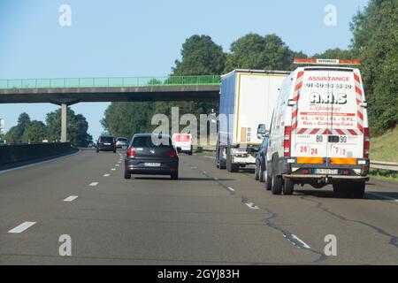 Melun – France, August 19, 2019 : Cars, truck and vans on the highway Stock Photo