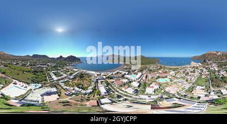 360 degree panoramic view of isola di Vulcano, sicilia, mediterraneo, isole eolie, 360 photo on aeolian vulcano island