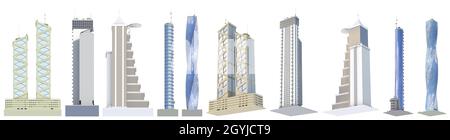 Set of highly detailed high tech tall buildings with fictional design and blue sky reflection - isolated, bottom view 3d illustration of skyscrapers Stock Photo