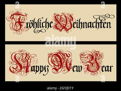 Gothic Christmas calligraphy. Uncial Fraktur. Translate: cheerful (merry) christmas. EPS-10 separated by groups and layers for easy edit Stock Vector