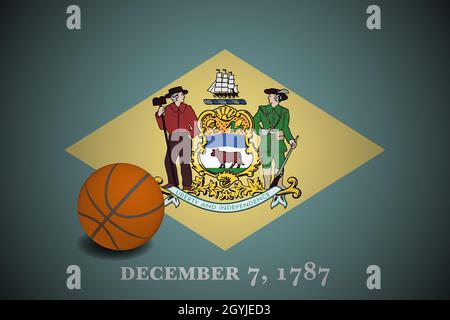 Delaware flag with realistic basketball ball, vector Stock Vector